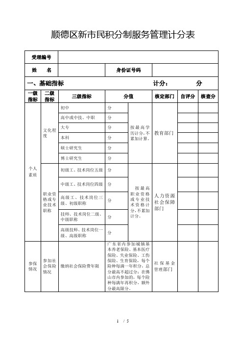 顺德区新市民积分制服务管理计分表