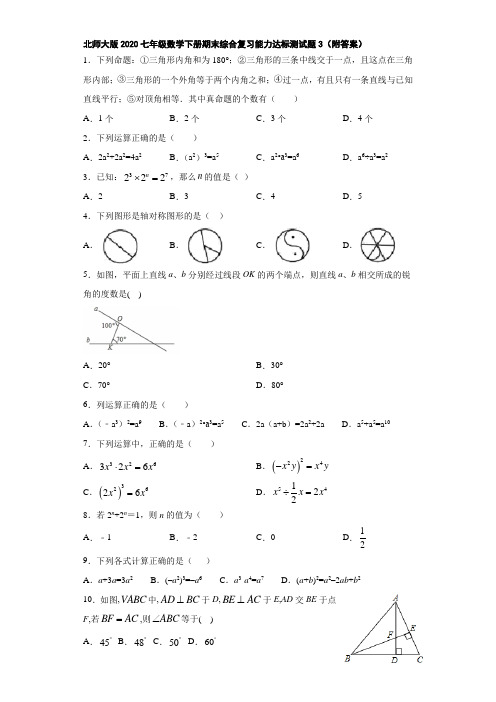 北师大版2020七年级数学下册期末综合复习能力达标测试题3(附答案)