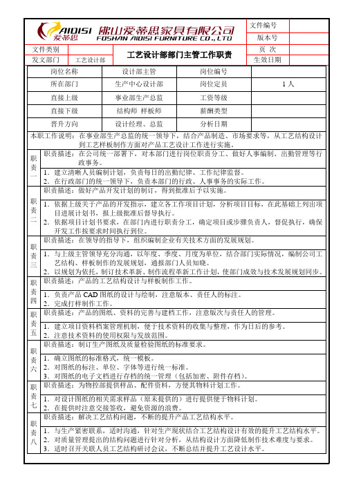 工艺设计部部门主管工作职责