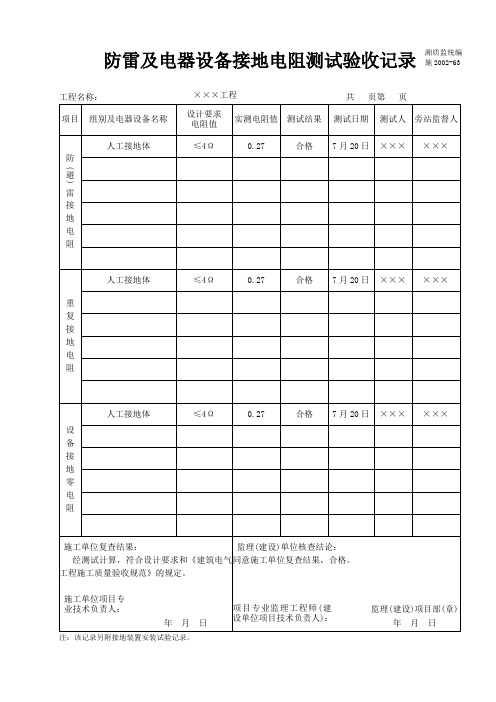 防雷及电器设备接地电阻测试验收记录