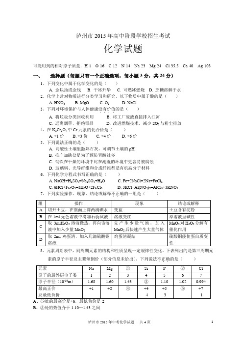 2015年泸州市中考化学试题及答案