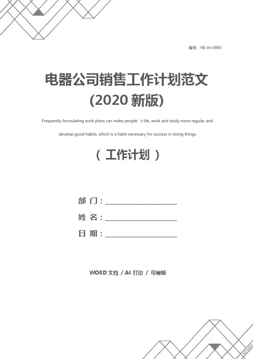 电器公司销售工作计划范文(2020新版)