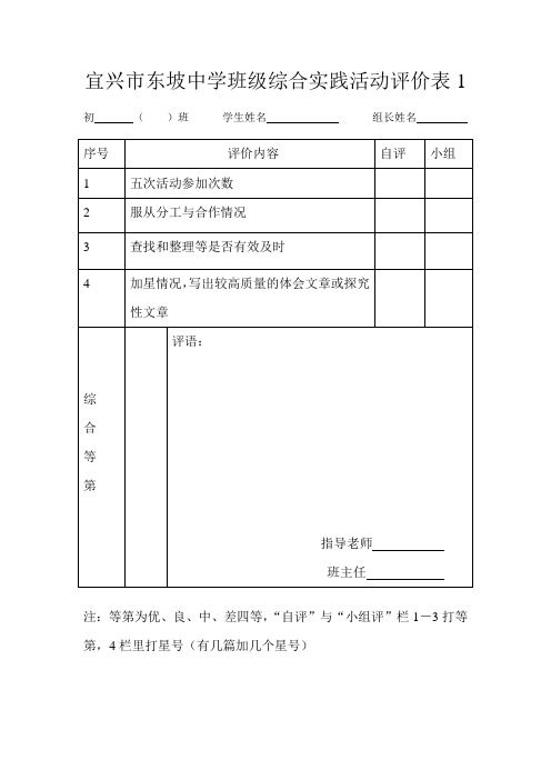 宜兴市东坡中学班级综合实践活动评价表