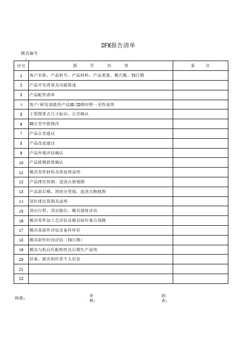 DFM报告清单