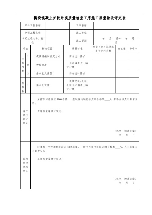 模袋混凝土护坡外观质量检查工序施工质量验收评定表