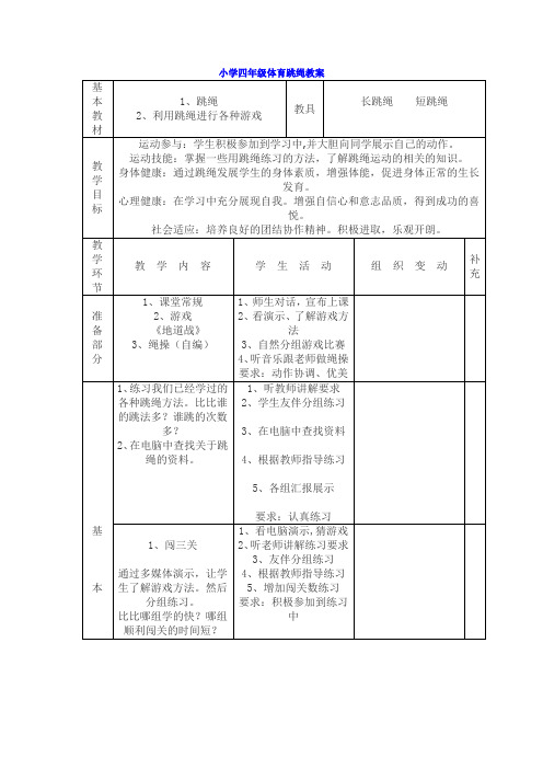 (整理)小学四年级体育跳绳教案