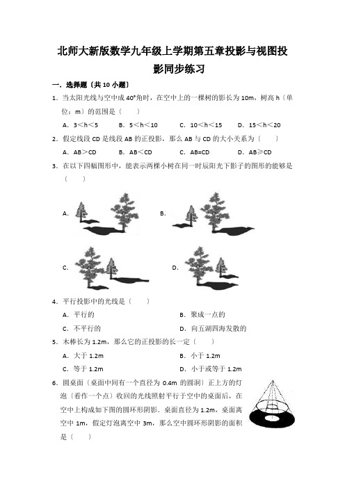 北师大新版数学九年级上学期第五章投影与视图投影同步练习