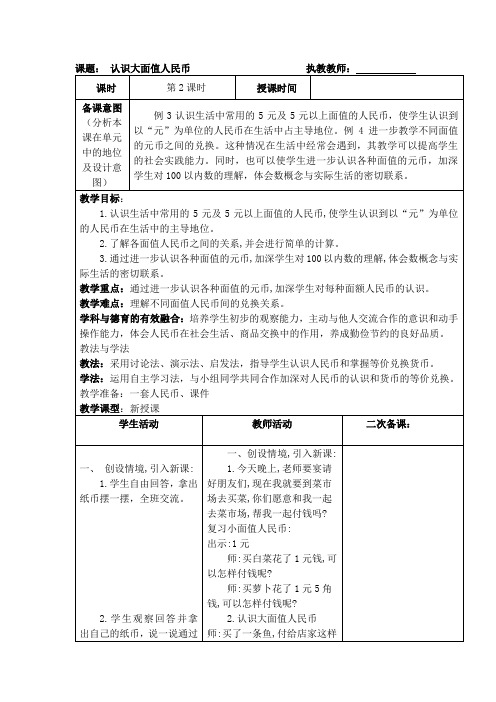 小学一年级下册数学《认识大面值人民币》教案