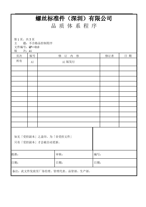 XX螺丝有限公司ISO90001范本--不合格品控制程序(doc)