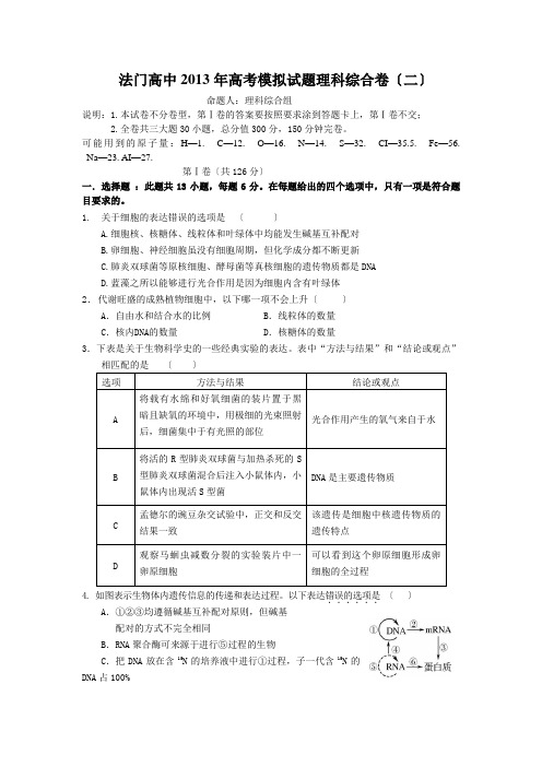 2013年高考模拟试题理科综合卷(二)