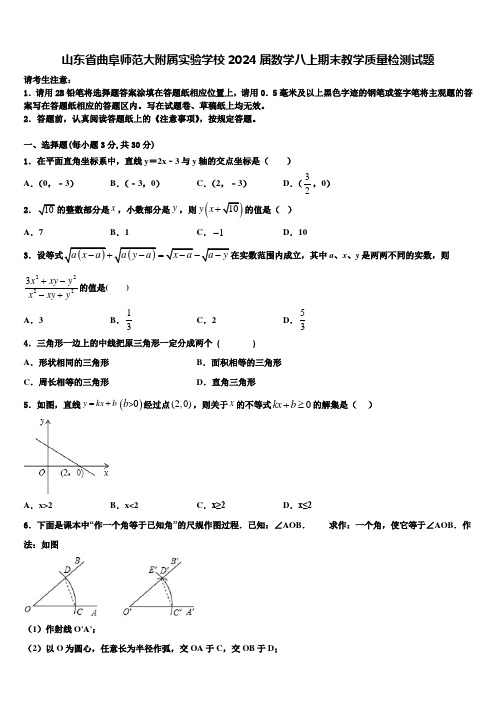 山东省曲阜师范大附属实验学校2024届数学八上期末教学质量检测试题含解析