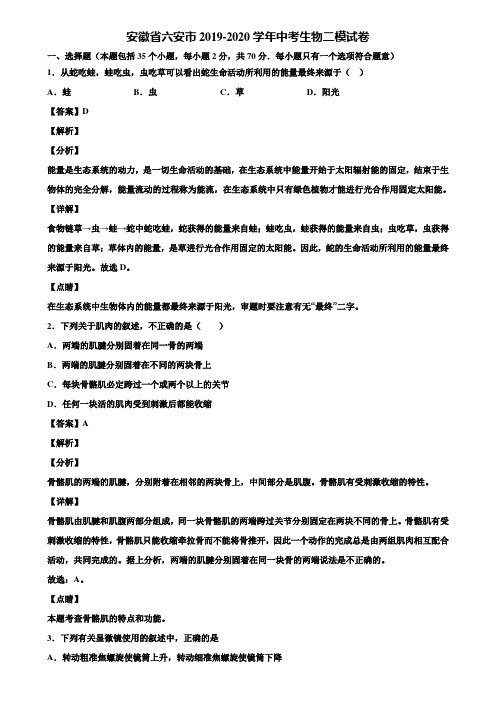 安徽省六安市2019-2020学年中考生物二模试卷含解析