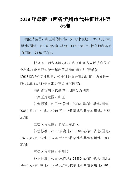 2019年最新山西省忻州市代县征地补偿标准