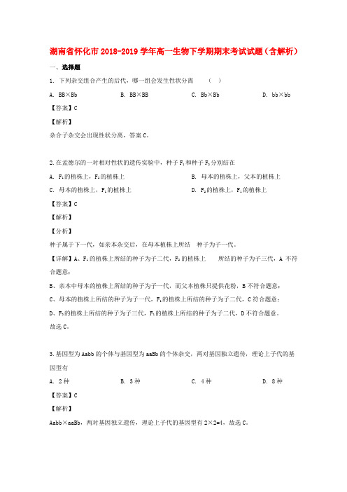 湖南省怀化市2018_2019学年高一生物下学期期末考试试题(含解析)