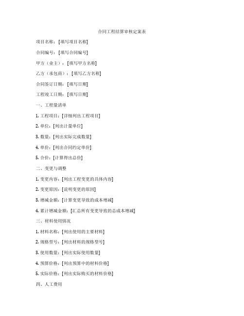合同工程结算审核定案表