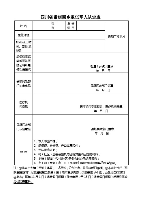 四川省带病回乡退伍军人认定表