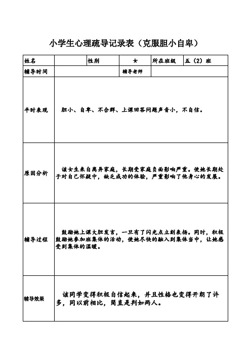 小学生心理疏导记录表(克服胆小自卑) 