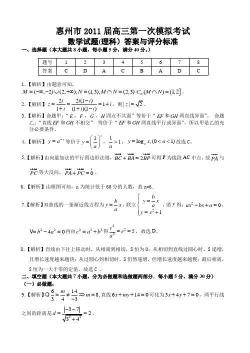 惠州市2011届高三第一次模拟考试数学理)答案