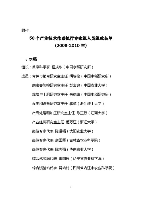 50个产业技术体系执行专家组人员组成名单(2008-2010年)