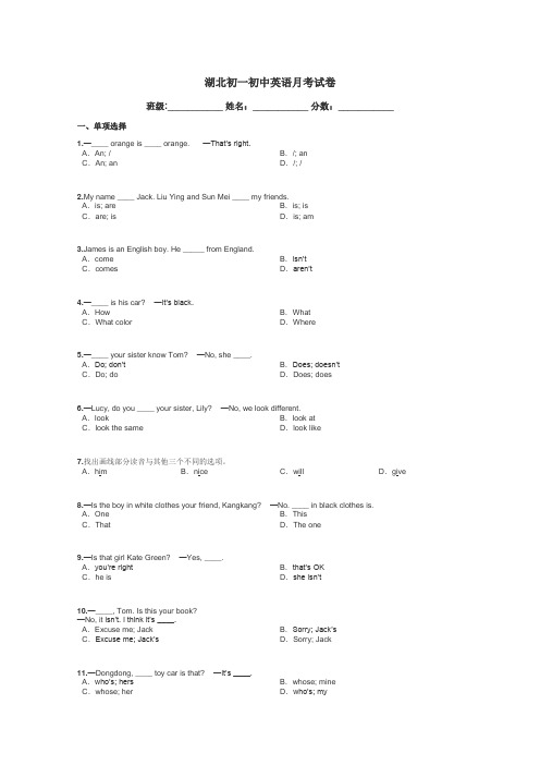 湖北初一初中英语月考试卷带答案解析
