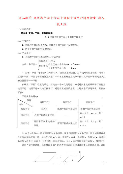 高二数学 直线和平面平行与平面和平面平行同步教案 新人教A版