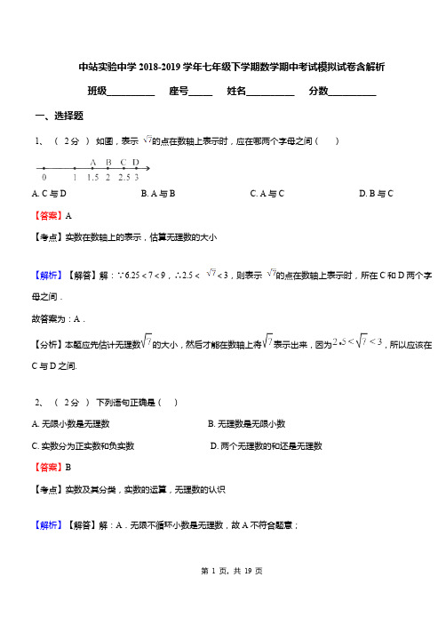 中站实验中学2018-2019学年七年级下学期数学期中考试模拟试卷含解析