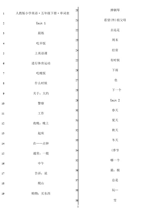 最新人教版pep小学英语五年级下册单词表听写