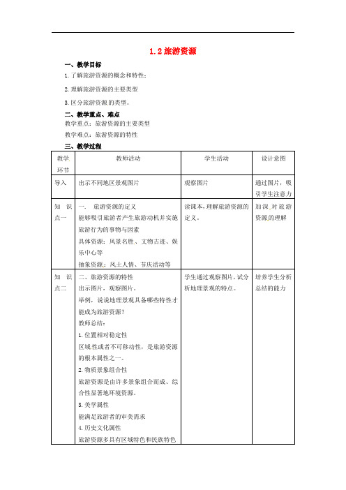 高中地理 第1章 旅游和旅游资源 1.2 旅游资源教案 湘教版选修3