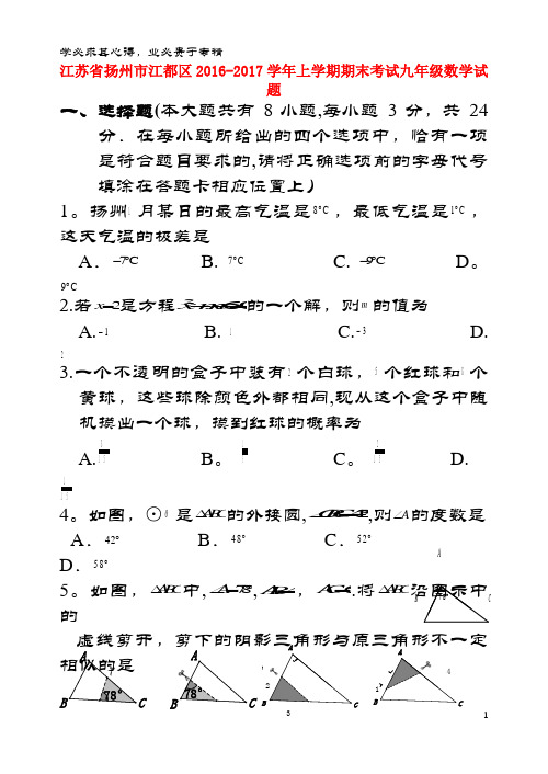 扬州市江都区2017届九年级数学上学期期末考试试题