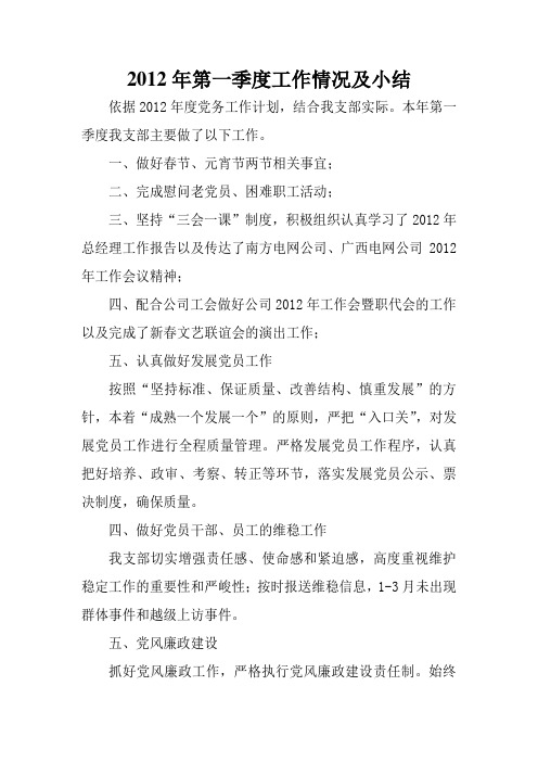 2012年第一季度工作情况及小结