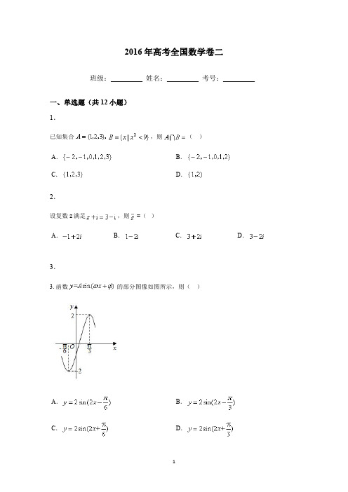 2016年高考全国数学卷二试题及答案解析