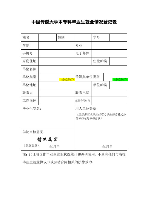 中国传媒大学本专科毕业生就业情况登记表