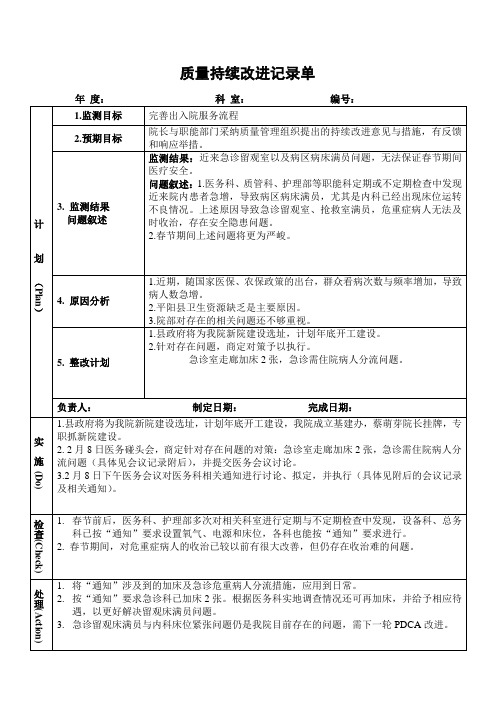 医院医务科完善出入院服务流程PDCA持续质量改进记录表PDCA模板