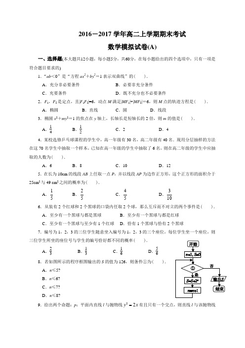 2016-2017学年高二上学期期末考试 数学模拟试卷(A)(适用于必修3,选修2-1)(word版,附答案)