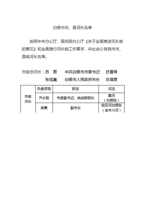 白银市市、县河长名单