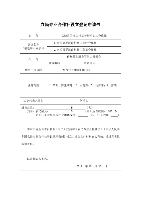 农业专业合作社申请表