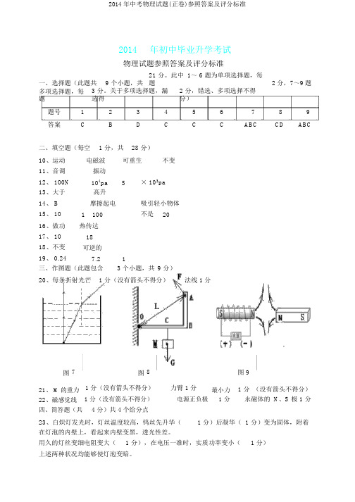 2014年中考物理试题(正卷)参考答案及评分标准