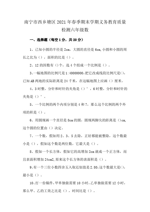 南宁市西乡塘区2021年春季期末学期义务教育质量检测六年级数