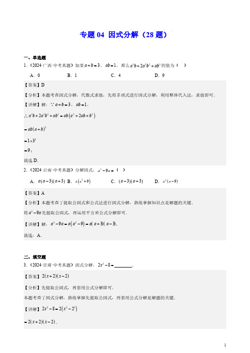 专题04 因式分解(28题)(解析版)--2024年中考数学真题分类汇编