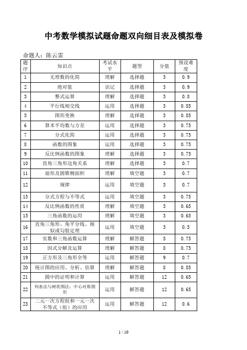 中考数学模拟试题命题双向细目表及模拟卷