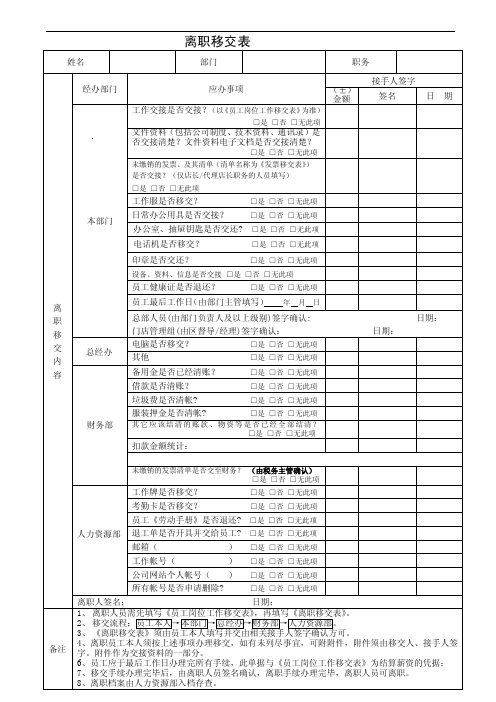 餐厅员工离职工作移交表(通用版)