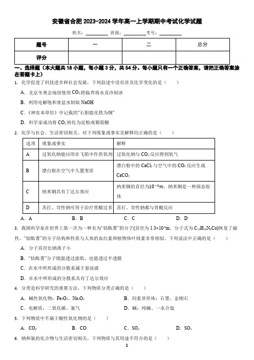 安徽省合肥2023-2024学年高一上学期期中考试化学试题(含答案)