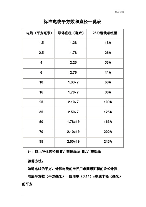 标准电线平方数和直径一览表