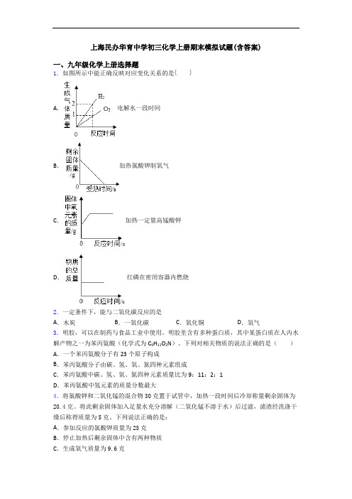 上海民办华育中学初三化学初三化学上册期末模拟试题(含答案)