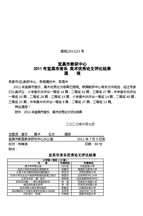 宜昌市教研中心2011年宜昌市音乐美术优秀论