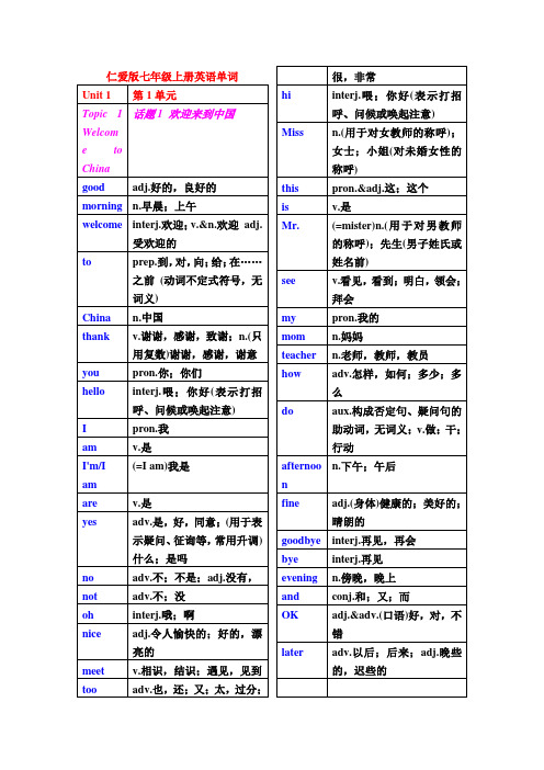 仁爱版七年级上下册英语单词表格版