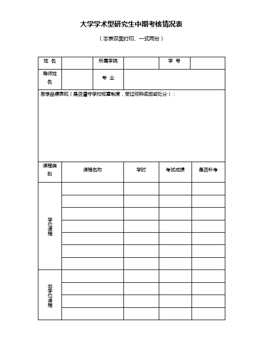 大学学术型研究生中期考核情况表(本表双面打印、一式两份)