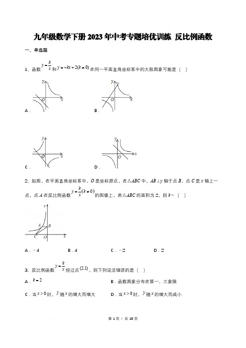 九年级数学下册2023年中考专题培优训练 反比例函数