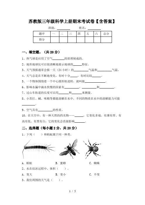 苏教版三年级科学上册期末考试卷【含答案】