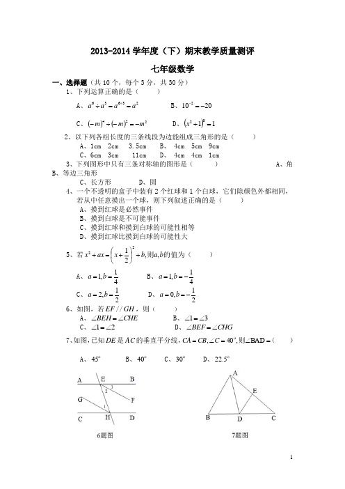 七年级下册数学期末测试卷